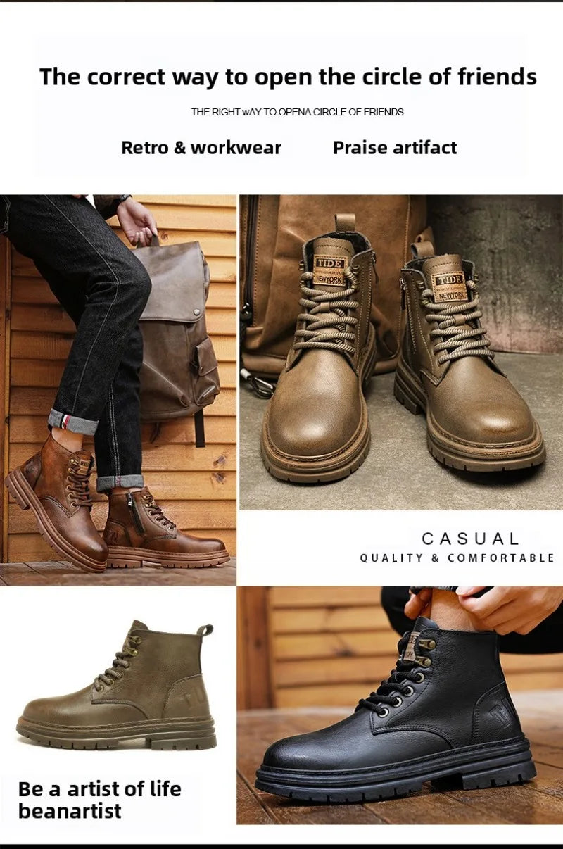 Men's Boots Four Seasons Soft-sole Non-slip Casual Boot Fashion Outdoor Work Boots High Boot Classic Joker Youth Leather Boots