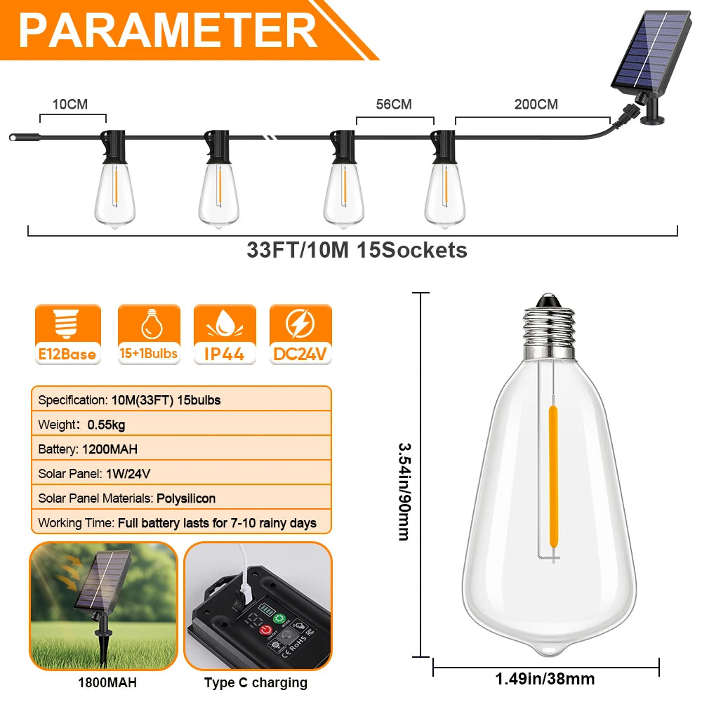 ST38 LED Solar String Light Dimmable Outdoor Shatterproof Garden Solar Powered String Lights with Remote Bistro Cafe Camping Dec