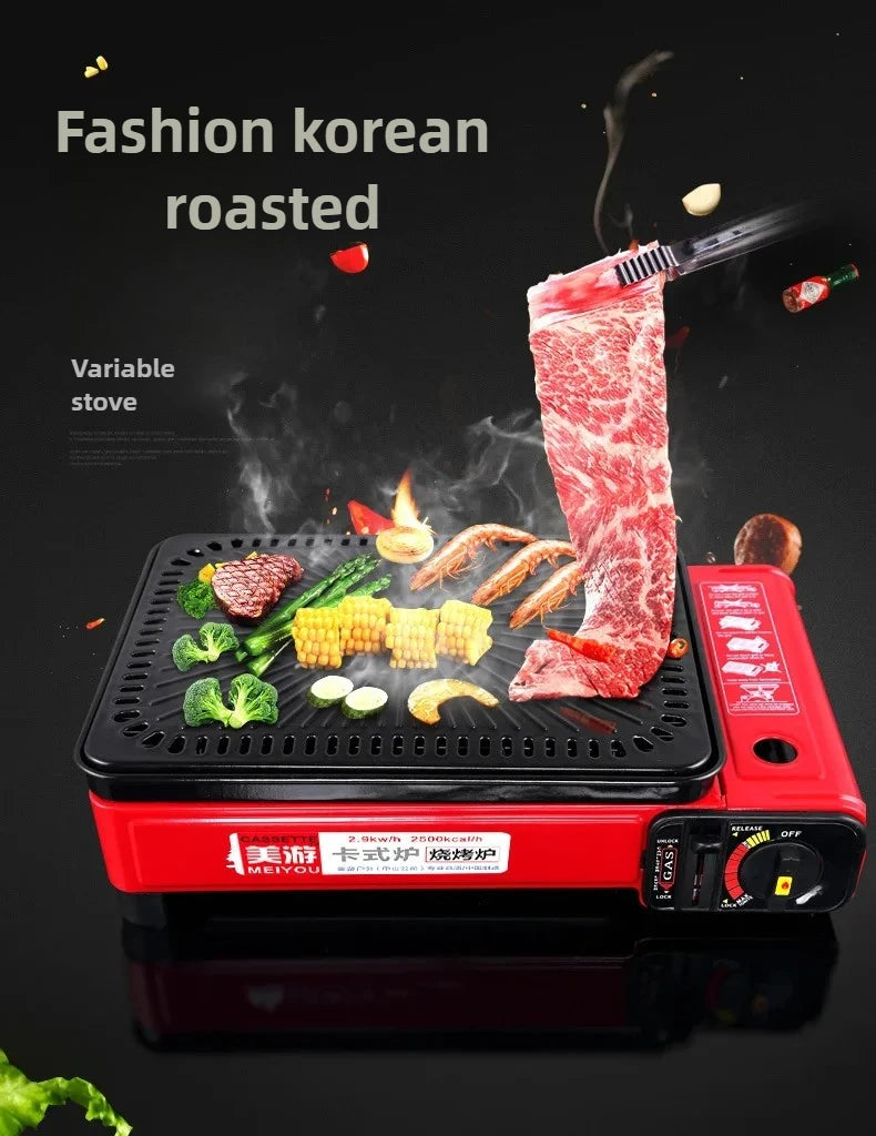 Portable Barbecue Stove, Smokeless Grill, Dual-Purpose Gas Oven for Outdoor Use, Compact Cooking Unit, Korean Style