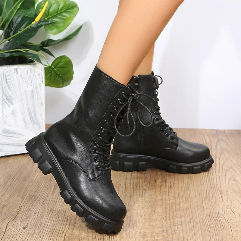 2025 Boots Women  Autumn Winter PU Leather White Ankle Boots Motorcycle Female Chunky Heels Platform Boots