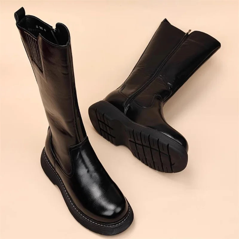 Size 38-43 Top Quality Mid Calf Punk Style Motorcycle Riding Boots Men Shoes Fall Winter Flat Heels Long Boots Male