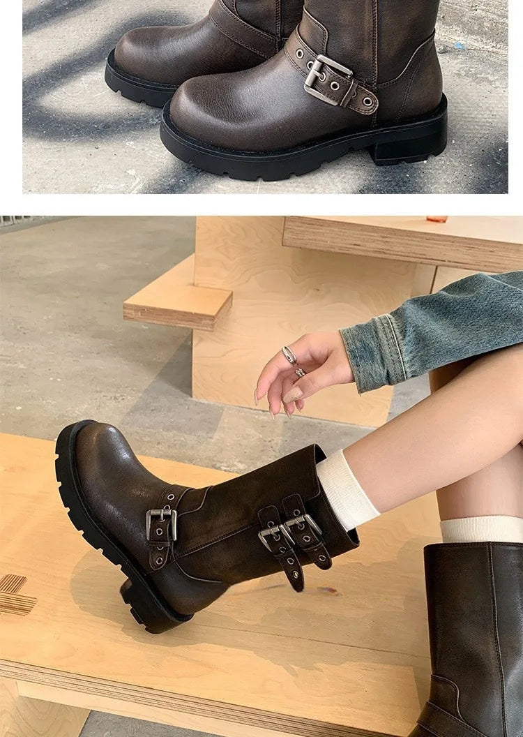 Spring and Autumn Women Boots Retro Platform Boots 2024 Round Toe Solid Color Low Heel Short Buckle Casual Women's Fashion Boots