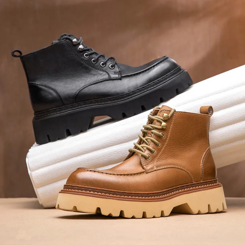 Men's Motorcycle Boots Genuine Leather High Top Motorbike Ankle Boots Thick Soled Vintage Round Toe Casual Punk Dress Shoes