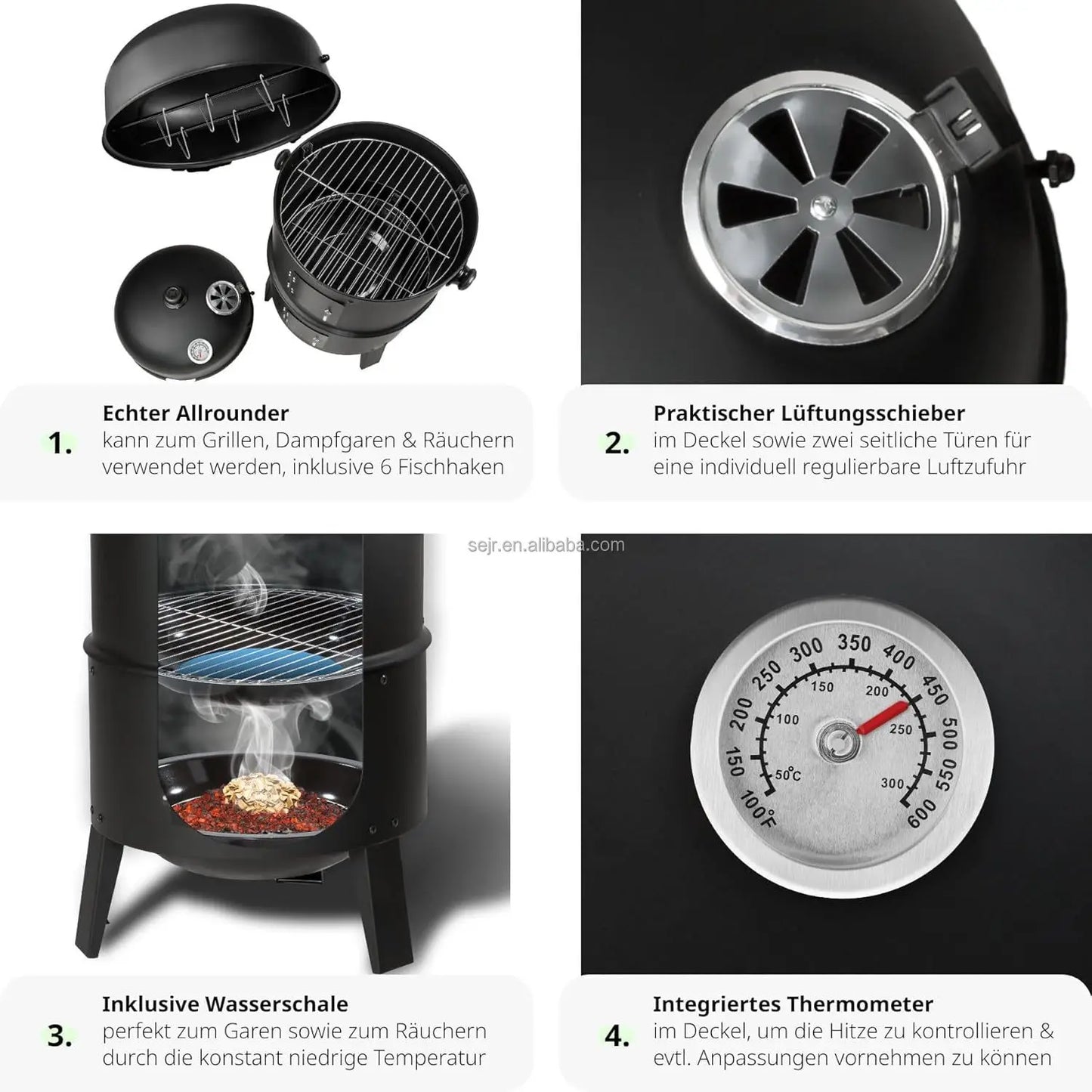 3 in 1 Outdoor BBQ Charcoal Grill, Barbecue, Smoker with Thermometer