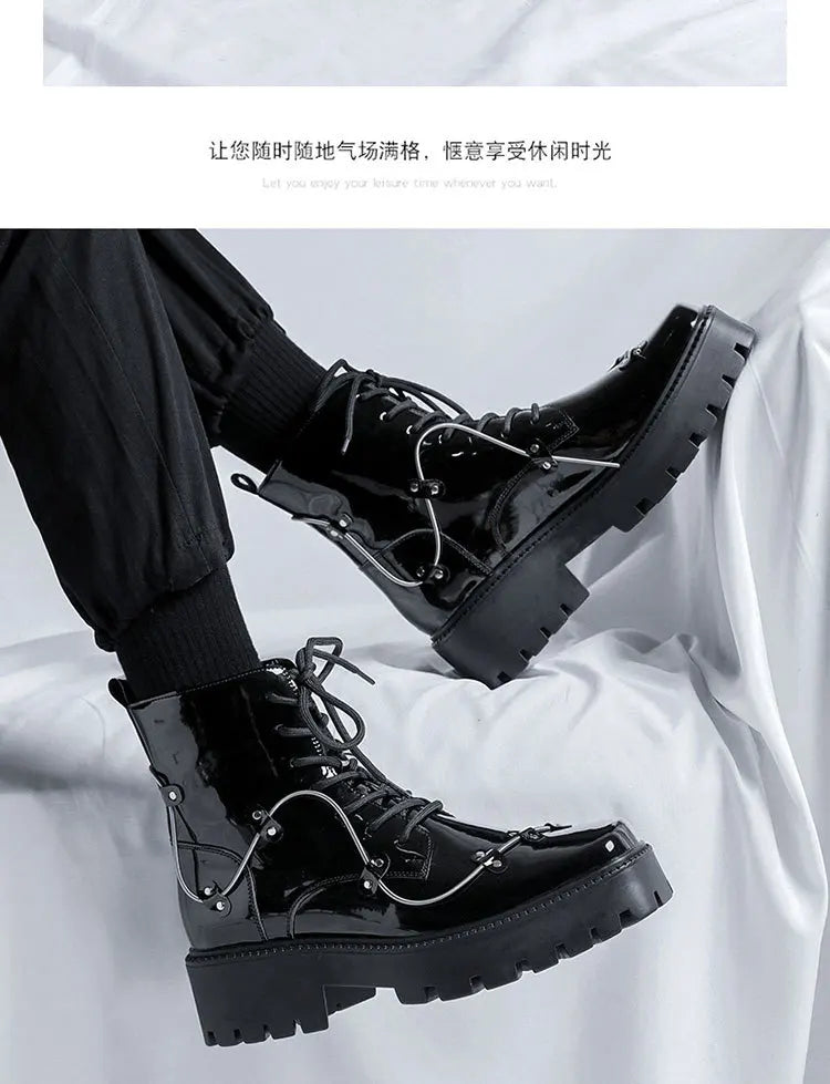 2025 Niche British Style Platform Derby Shoes Square Head Bright Leather Men's Business Casual Retro Boots