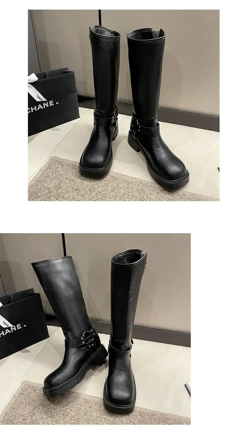 WOMEN'S platform knee-high Knight casual long boots chunky vintage fashion buckle luxury designer Western cowboy woman shoes