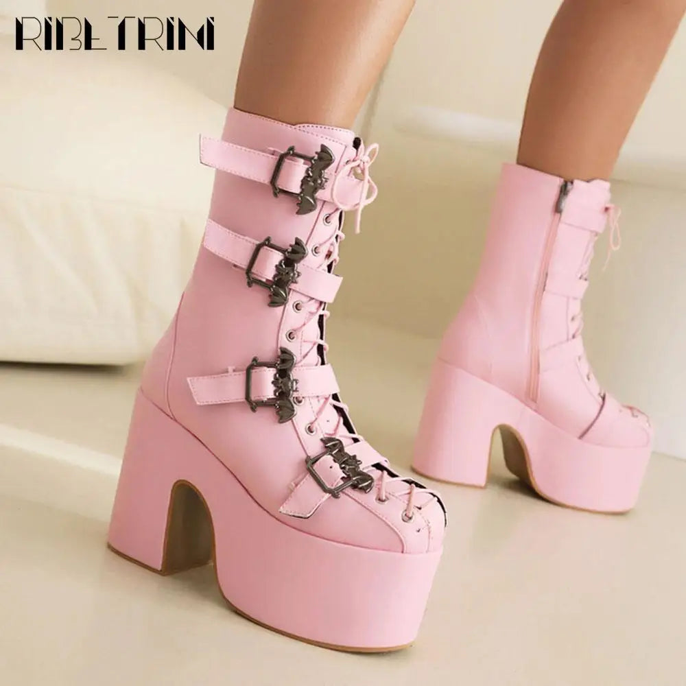 Punk Goth Women Motorcycle Boots Block High Heels Platform Shoes  Woman 2024 New Brand Luxury Fashion Design Cool Street Boots