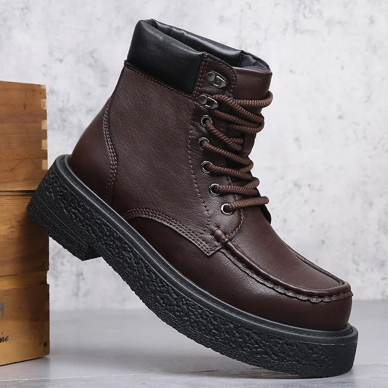 Leather Male Casual Shoes High Quality Comfortable Motorcycle Boots New High Top Man Botas Fashion Mens Lace Up Walking Boots