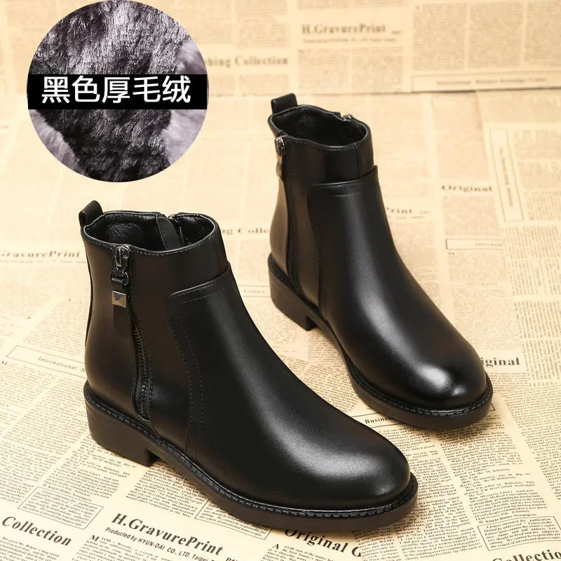 Ankle Boots Women Black Warm Plush Korean Version Side Zipper Cotton Boots Female Flat Luxury Chelsea Boots Short Shoes 2024