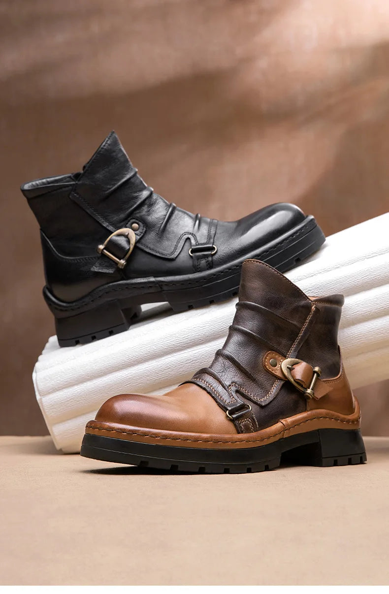 Brown Leather Motorcycle Boots Mens Round Head High Top Motorbike Boots Quality Moto Riding Shoes Thick Soled Summer Winter