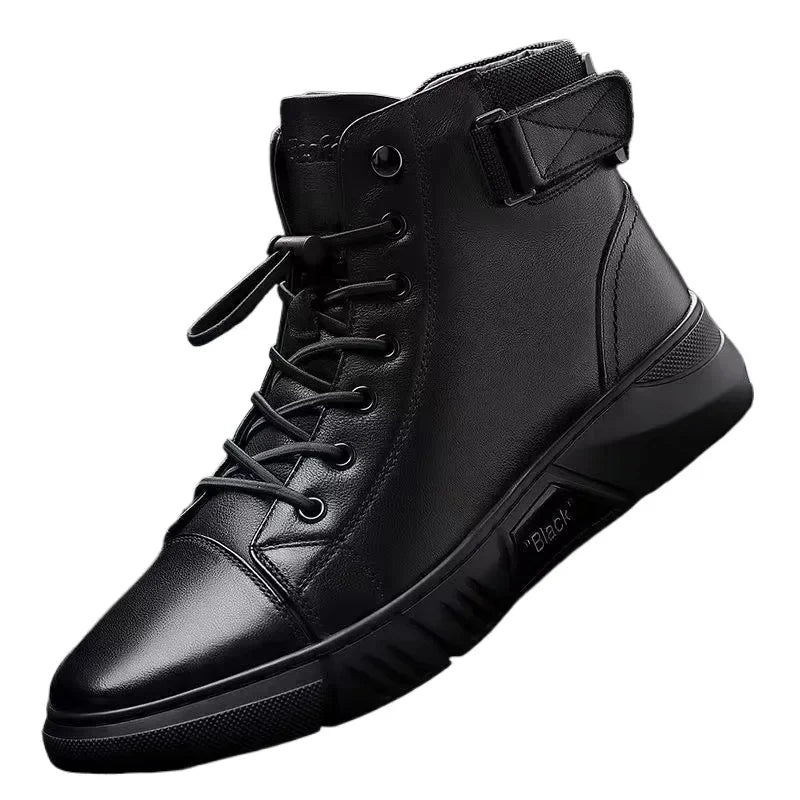 Men's Boots British Casual Platform Leather Boots for Men Black Motorcycle Boots Winter Comfortable Keep Warm Men Ankle Shoes