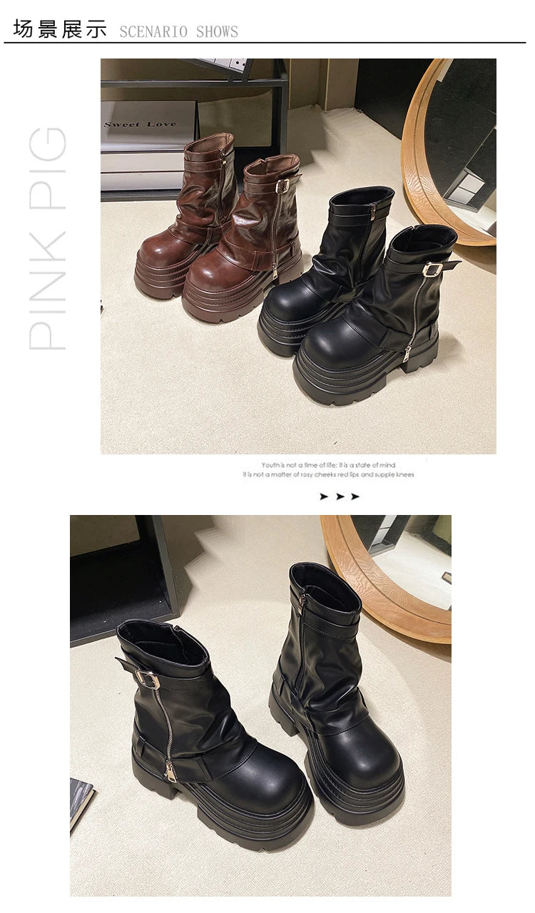 Women's Autumn Winter Leather Ankle Boots 10CM Heels Chunky Platform Combat Boots New Non Slip Motorcycle Shoes Woman Punk Boots