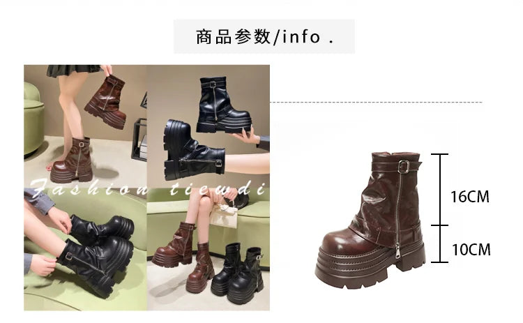 Women's Autumn Winter Leather Ankle Boots 10CM Heels Chunky Platform Combat Boots New Non Slip Motorcycle Shoes Woman Punk Boots