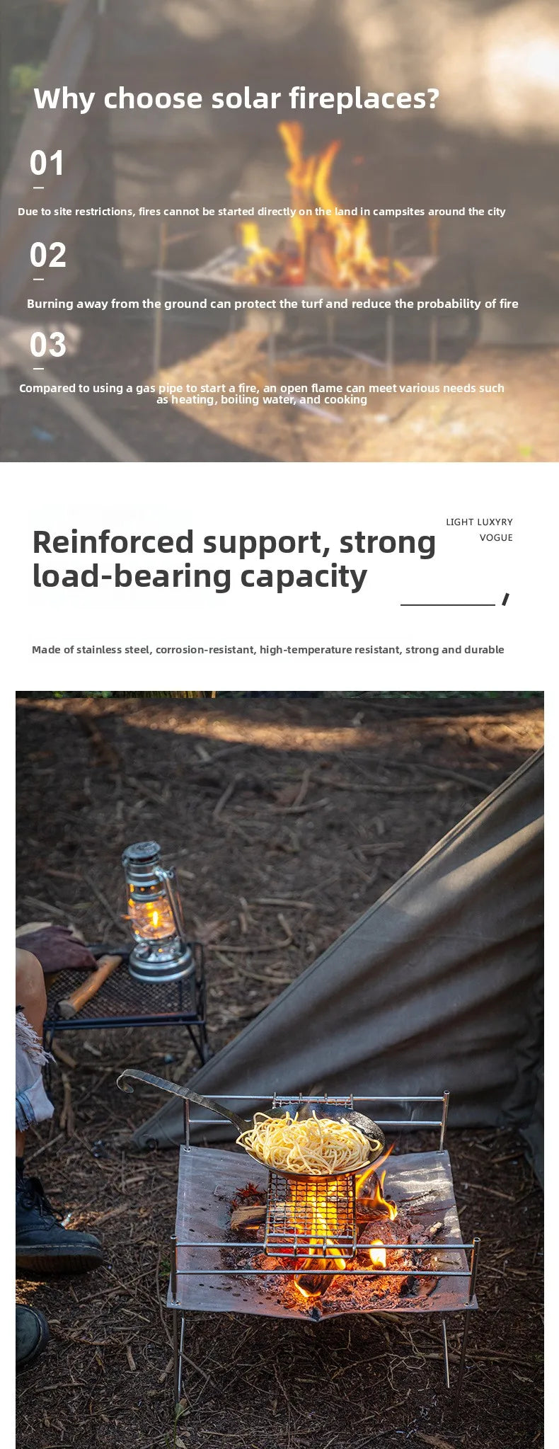 Outdoor Camping Heating Stove Campfire Stainless Steel Foldable Lightweight Grill with Grill Net Solo Fire Pit Wood Stove