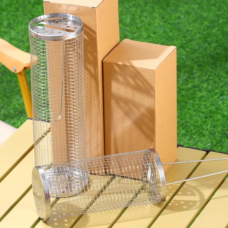 304 Stainless Steel Barbecue Cylindrical Mesh Grill Basket, Picnic Barbecue Supplies, Smoked Barbecue Rolling Cylinder