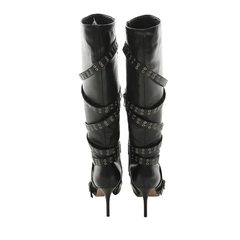 Brand Cross Strap Riveted Retro Silvery Knee High Boots New Spicy Girl Pointed High Heel Motorcycle Boots Fashion Women Shoes