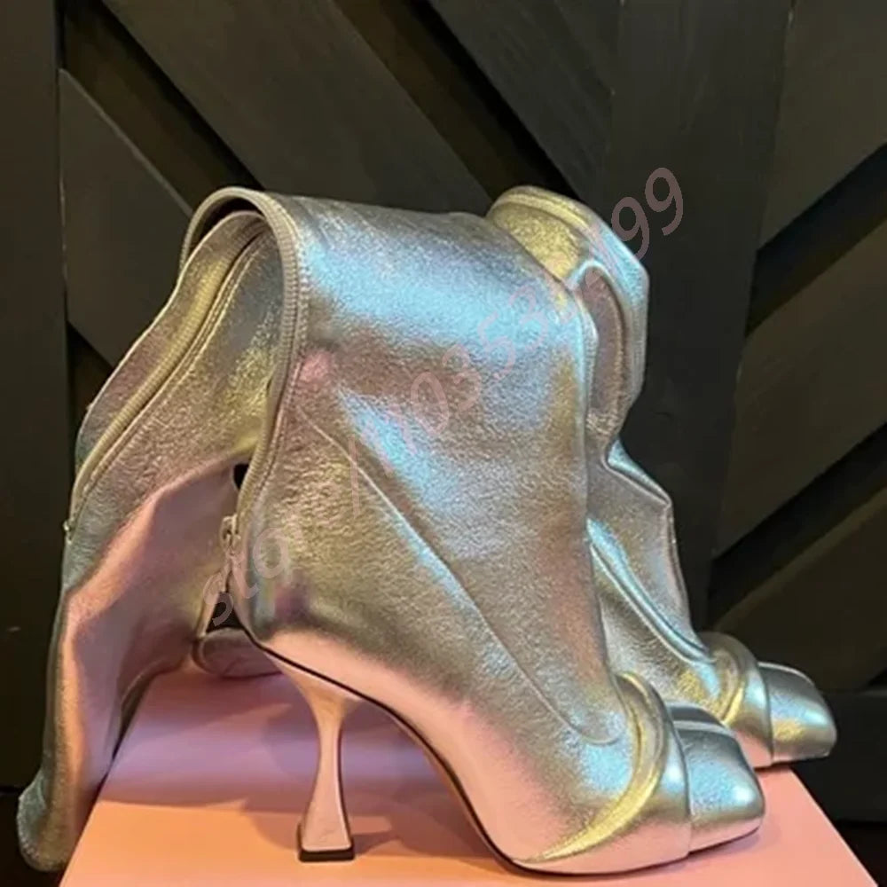 Square Toe Ladies Sexy Knee-High Leather Boots High Heel Pleated Boots Party Zipper Boots 2025 New Street Fashion Catwalk Boots
