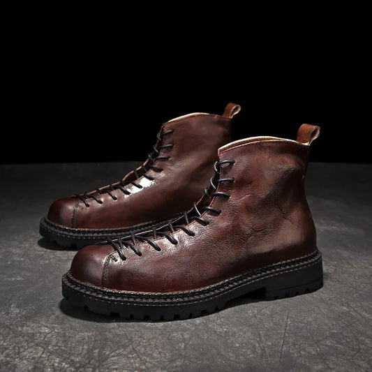 British Vintage Men Motorcycle Boots Genuine Leather High Top Work Boots Outdoor Walking Ankle Safety Shoes Botines Zapatos