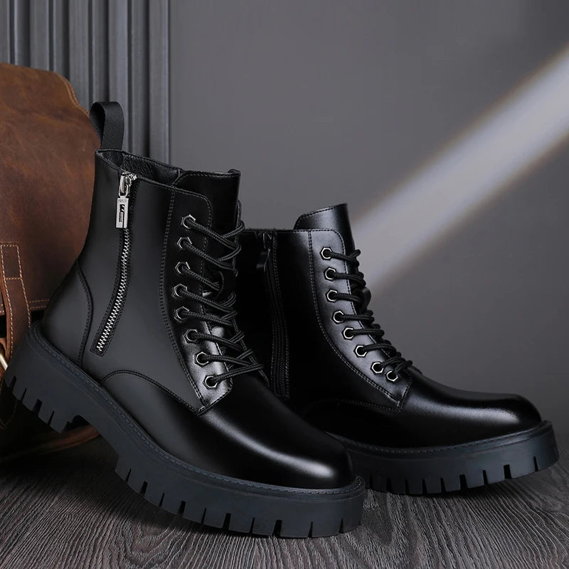 Retro Casual PU Leather Mens Motorcycle Boots Fashion Winter Plush Snow Boots Comfortable Leather High Top Shoes Man Warm Botas