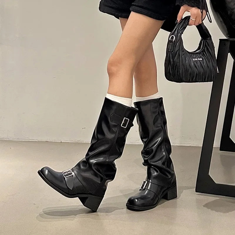 Rock Women Boots Punk Ladies Shoes Women Buckle Knight Boots Motorcycles Boots Woman Slip-On Thick Heel Riding Botas Mujer 2024