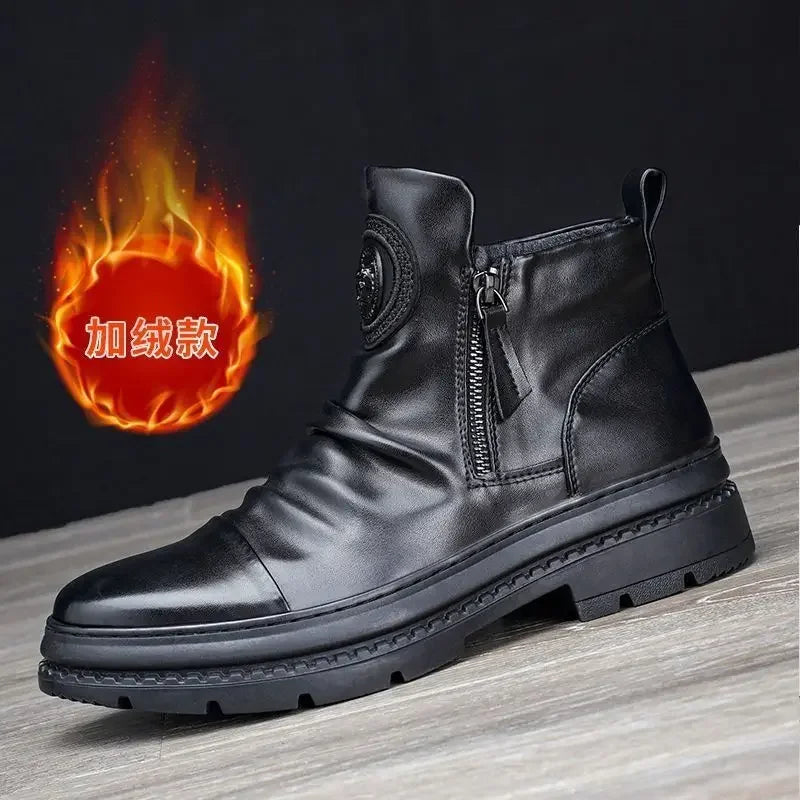 Men's Motorcycle Leather Boots British Style Round Head High Top Shoes Side Zip Walking Casual Platform Boots Bota Masculina