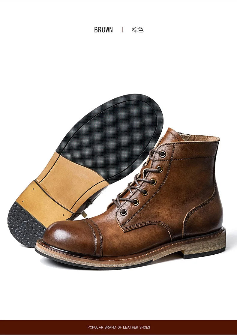 EU Size 38-44 Motorcycle Boots Men Cowhide Motorbike Ankle Boots Thick Soled High Top Western Work Boots Fashion Leather Shoes