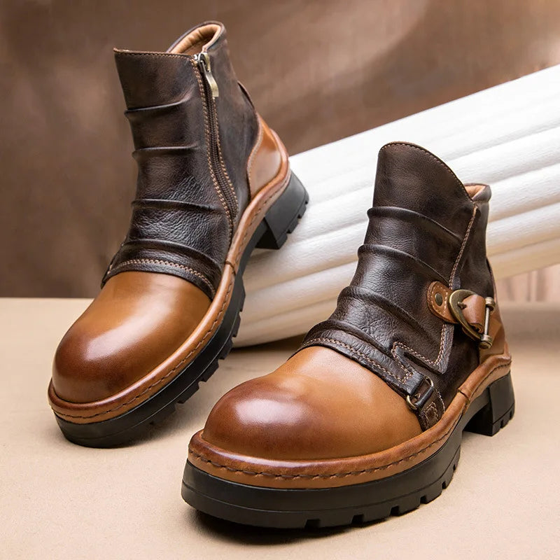 Brown Leather Motorcycle Boots Mens Round Head High Top Motorbike Boots Quality Moto Riding Shoes Thick Soled Summer Winter