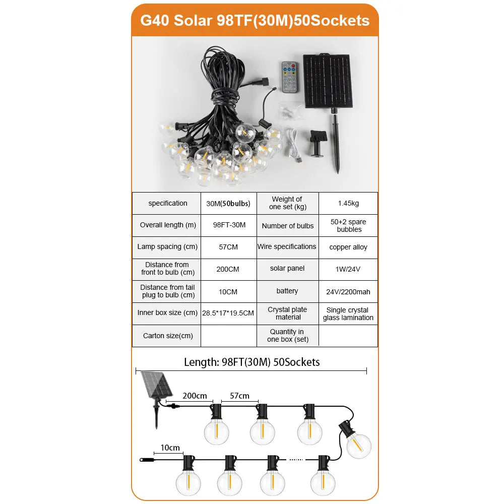Led G40 Solar String Lights Outdoor Waterproof Garden String Lights USB Rechargeable Solar Light With Remote Decoration Light