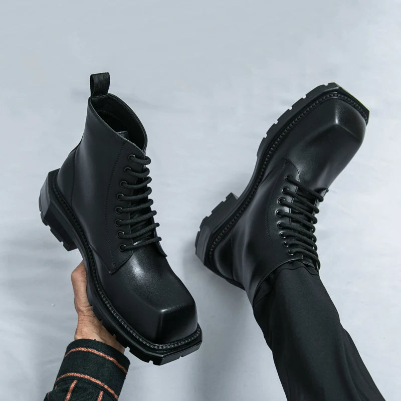 Large Men's Autumn High Top Casual British Motorcycle Shoes, Retro Trendy Brand Height Increasing Big Head Leather Boots