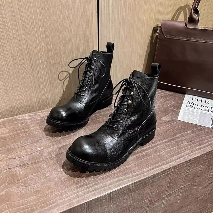 Vintage Mens Round Toe Lace Up High Top Work Safety Shoes Cowhide Genuine Leather Ankle Boots British Motorcycle Riding Boots 45