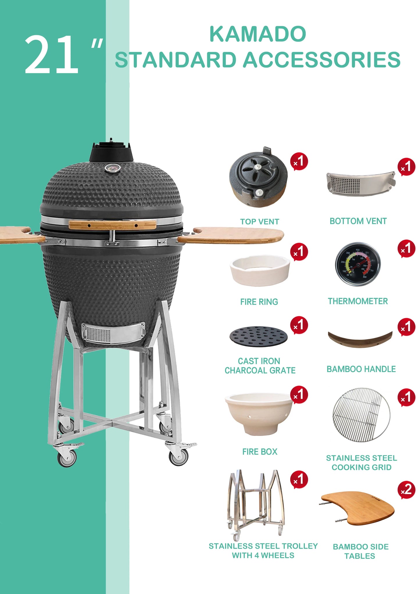 21-Inch Indoor/Outdoor Kamado  Ceramic Grill Oval Egg BBQ with Steel Iron Garden Camping  Ceramic BBQ