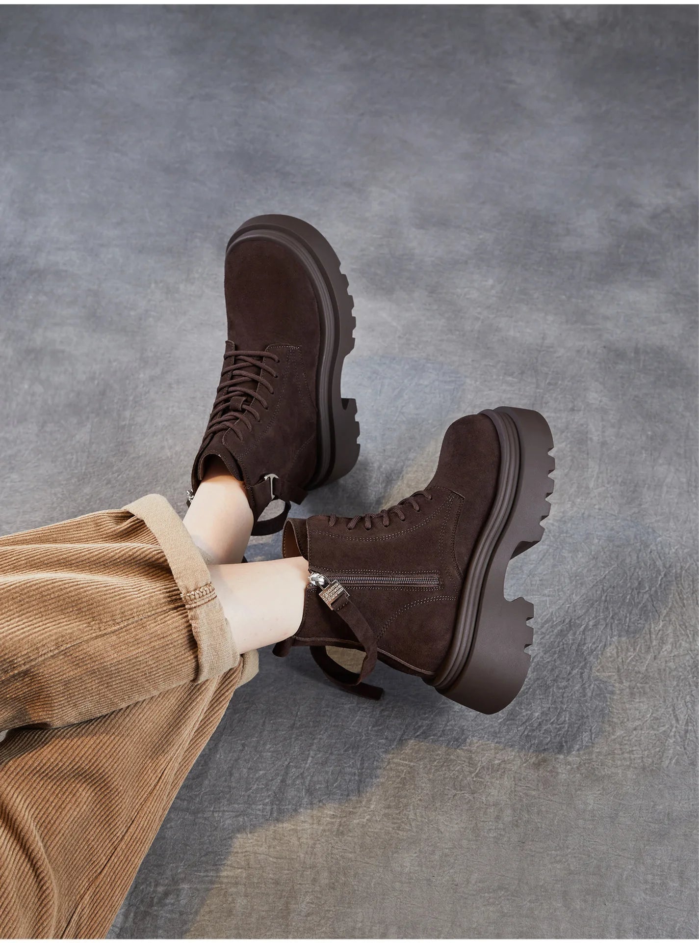 6.5cm Cow Suede Genuine Leather Women Booties Elthnic Pumps Comfy Ankle Knee High Spring Motorcycle Shoes Flats Platform Wedge