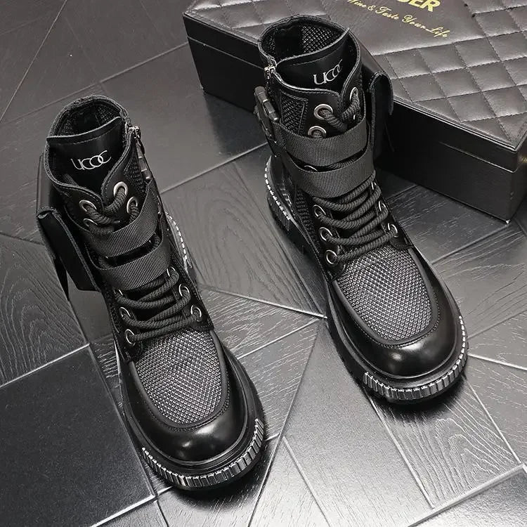 2025 New Men's Thin High-Top New Mid-Calf Motorcycle Height Increasing Insole Summer Ankle Boots Hollow out