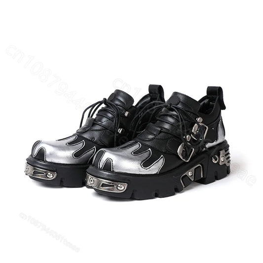Retro flame carved dark punk small leather shoe with metallic design low cut thick sole single shoe racing shoe motorcycle boot