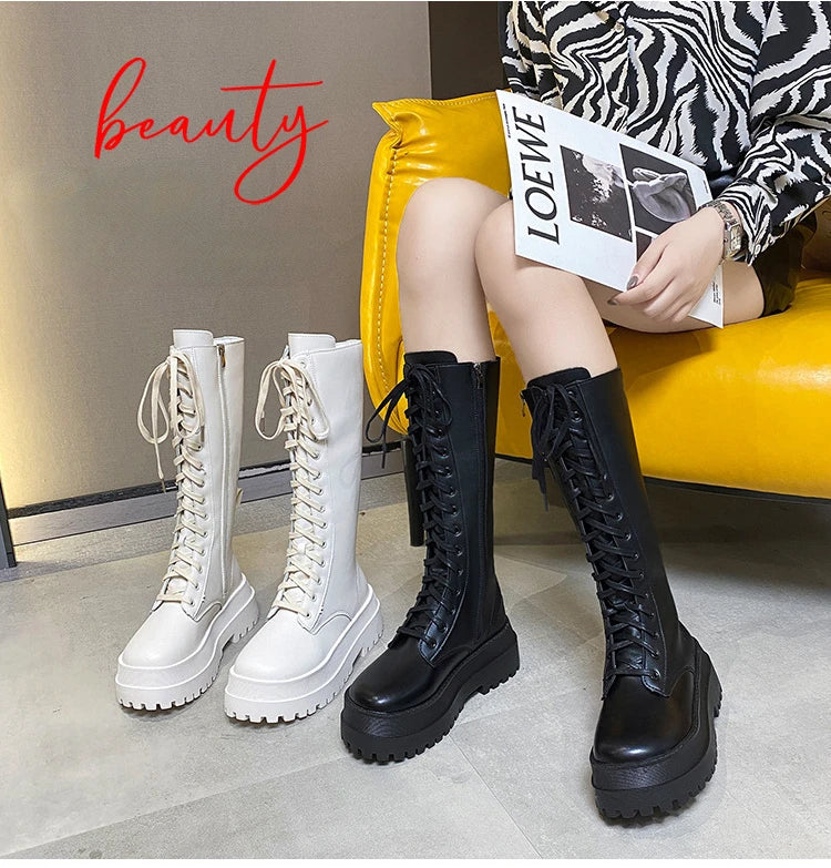 Women Knee High Boots Thick Sole Punk Style Women Motorcycle Boots Retro Square Heel Lace Up Women Boots Black White Botas Mujer