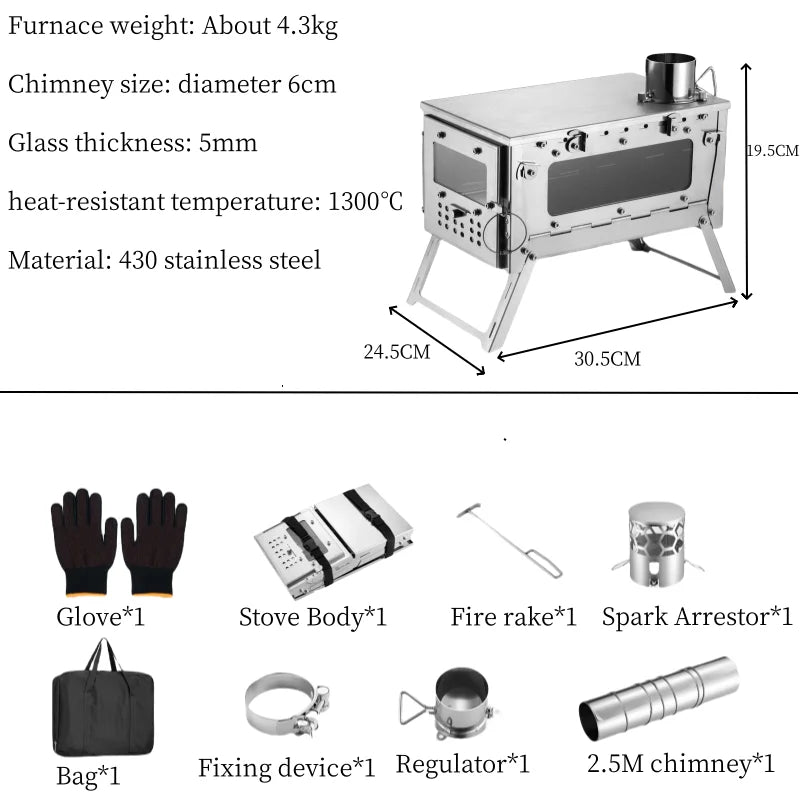 Stainless Steel Portable Tent Stove Foldable with Side Glass Chimney Burner Camping Wood Stove Heating Cooking Grill