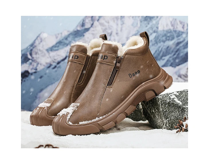 2025 High Top Men's Winter Shoes Comfortable Black Fluff Boots Men Warm Plush Leather Casual Sneakers Men Work Motorcycle Boots