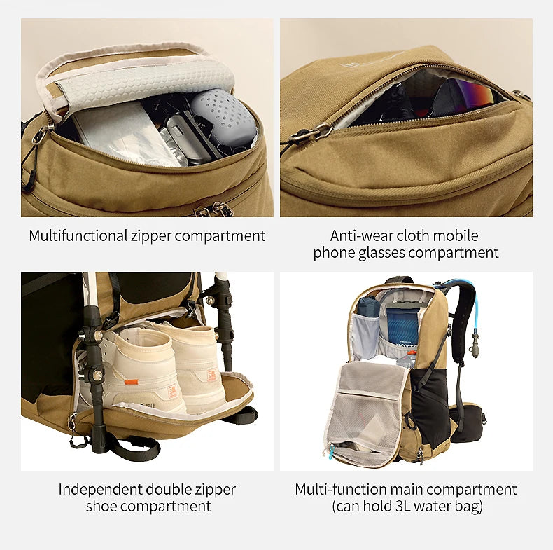 Internal frame waterproof hiking camping backpack with rain cover, large lightweight travel day backpack for climbing