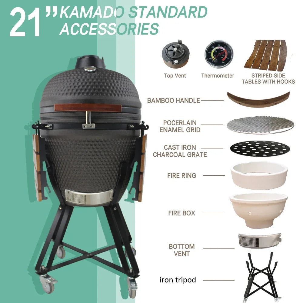 21-Inch Indoor/Outdoor Kamado  Ceramic Grill Oval Egg BBQ with Steel Iron Garden Camping  Ceramic BBQ