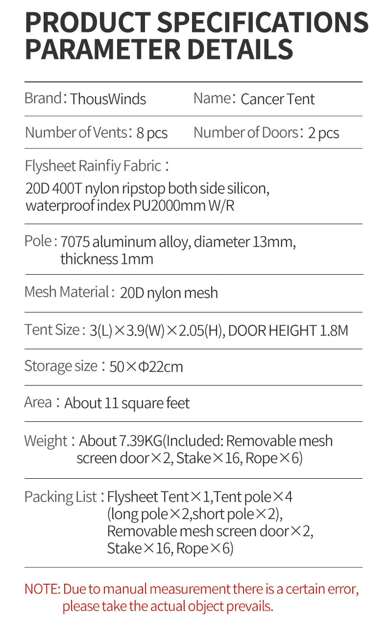 Thous Winds CNC 4-8 Person Family Camping Tent Outdoor Emotional Camp Tent 20D Ripstop Nylon Both Side Silicon Lightweight Tents