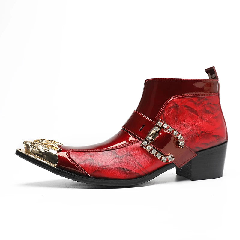 Spring Men's Boots Red Studded Pointed Leather Boots  Model Social Height Increasing  Patent Leather High-heeled Men's Boots