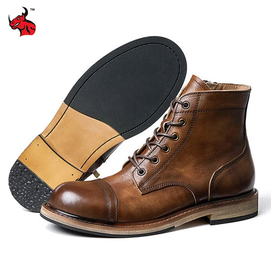EU Size 38-44 Motorcycle Boots Men Cowhide Motorbike Ankle Boots Thick Soled High Top Western Work Boots Fashion Leather Shoes