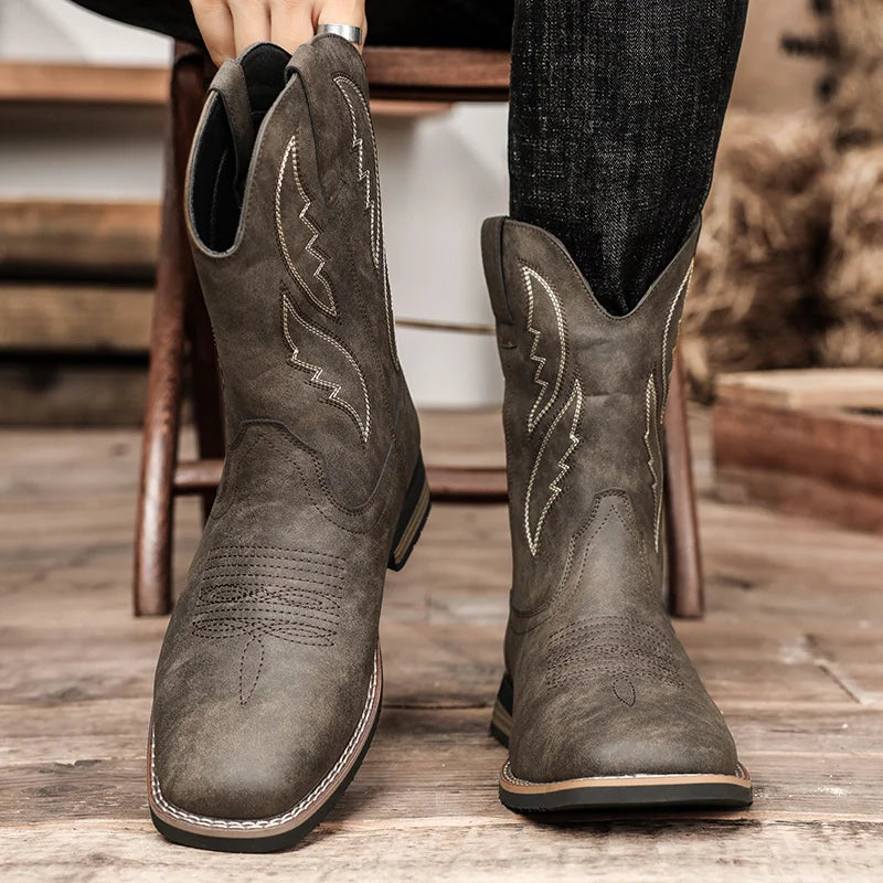Western Style Cowboy Chelsea Boots Vintage Mid-calf Boots Pointed Toes Classical Shoes Genuine Leather Worker Winter Booties