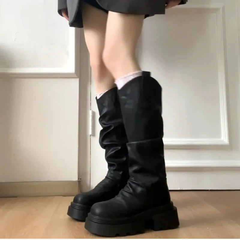 Size 35-42 Big Round Toe Punk Block Heel Motorcycle Boots Platform Lace-Up Mid Calf Work Boots Cool Fashion Boot