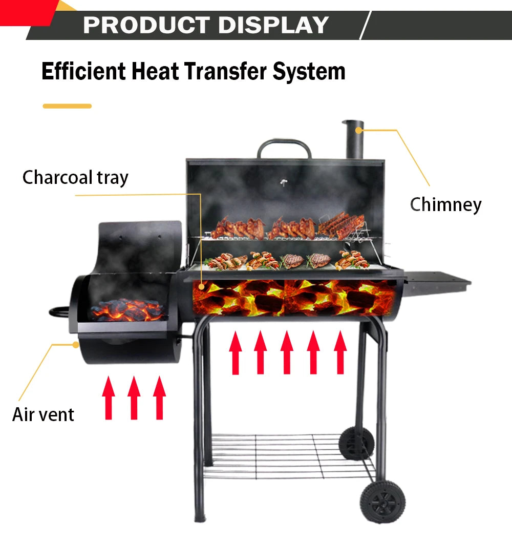 Commercial Large Cooking Area Portable Charcoal Grill Outdoor Backyard Party Meat Offset Smoker Barbecue Grill