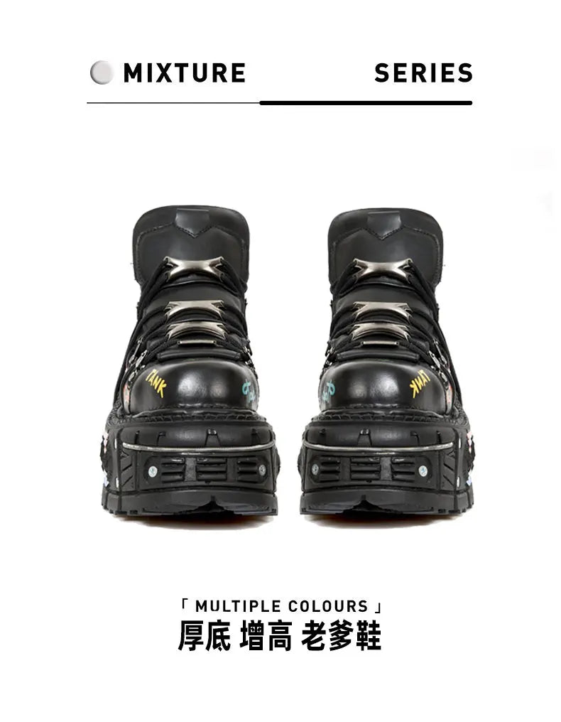 Fashion Men's Genuine Leather Punk New Motorcycle Boots Spanish Tank Metal High-Top Platform Women Handmade Ankle Shoes