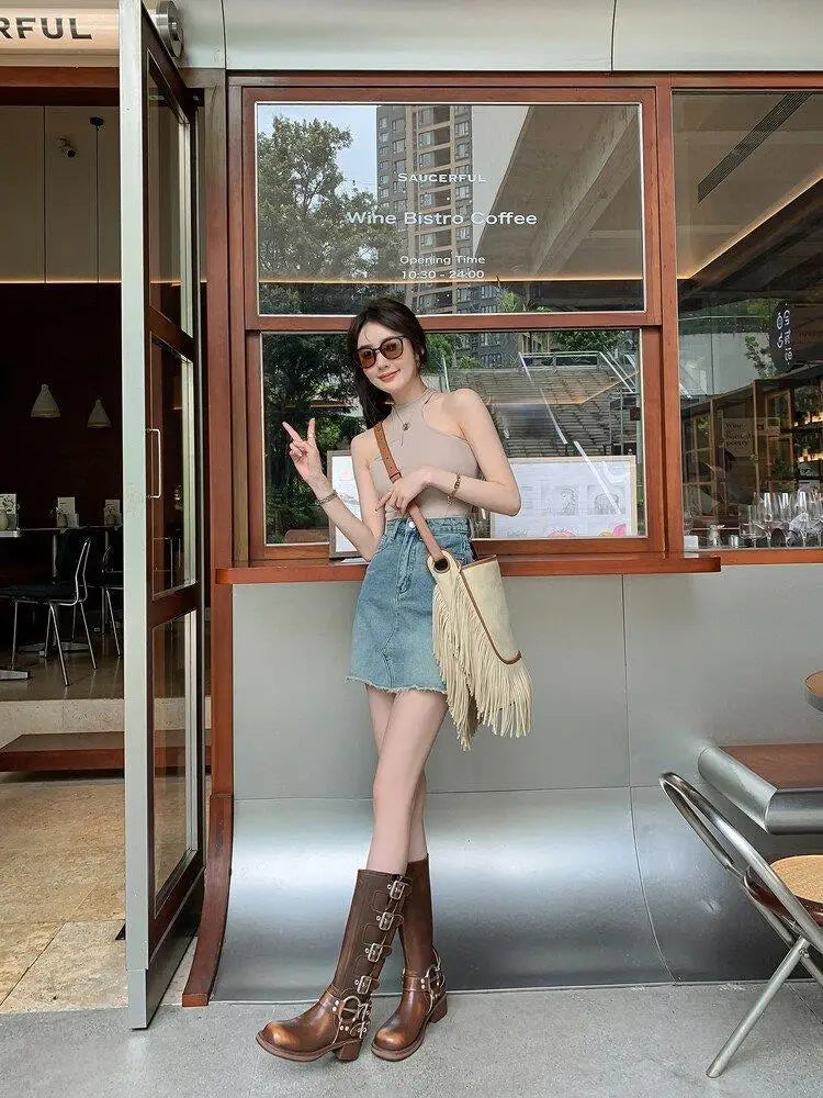 Metal Buckle Square Toe Knee High Boots Women Black PU Leather Punk Long Boots Woman Autumn 2025 Chunky Heels Motorcycle Booties