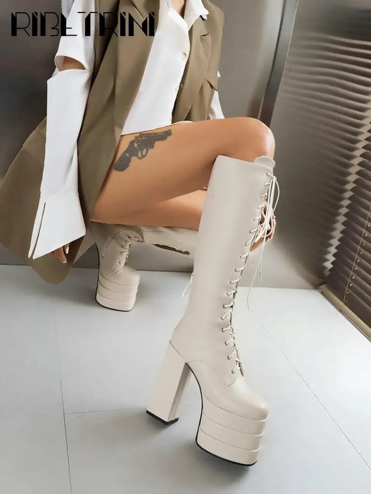 Cool Women Motorcycle Boots High Heeled Knee High Sassy Platform Shoes Lace Up Zip Luxury Designer Brand Winter Street Booties