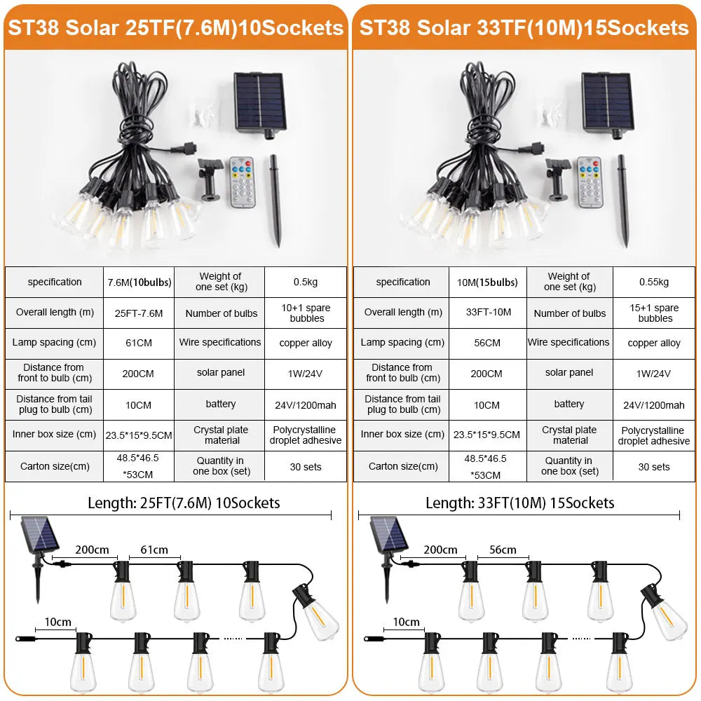 ST38 Solar String Light Outdoor Garland Led Waterproof  Shatterproof Solar String Lights for Outside Camping Yard Party Decor