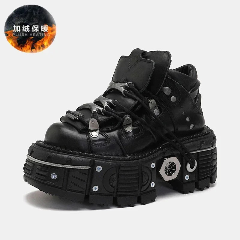 Retro Men's Motorcycle Boots Fashion Punk Rock Round Toe Leather Shoes Platform Metal Decoration Design Y2k Gothic Skull Boots
